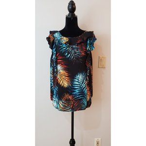 Worthington Black Palm Mult-color Sleeveless Ruffle Top Women Size Medium